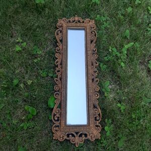 Vintage 1970s Homco Scroll Framed Faux Rattan Rectangle Hanging Wall Mirror